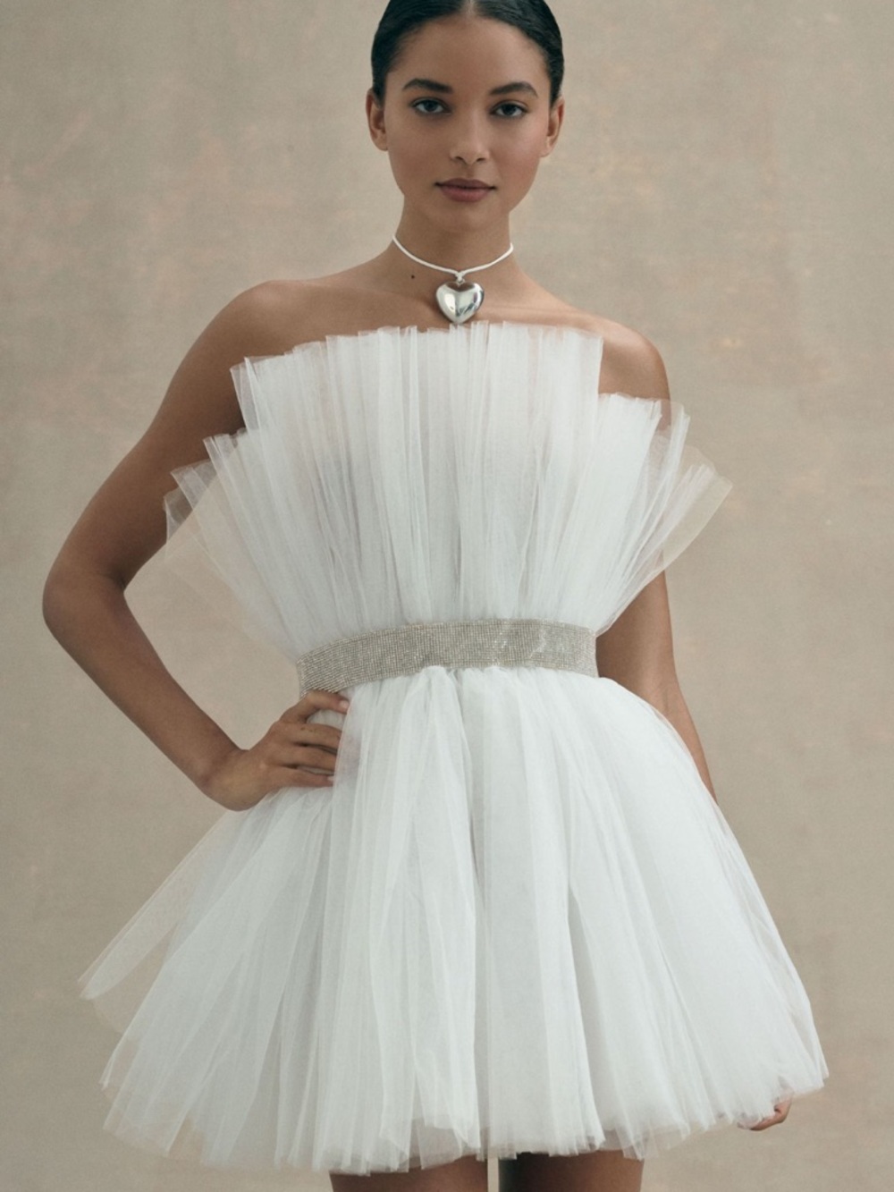 Bronx and Banco White Strapless Tulle Mini Dress with Sparkle Waistband